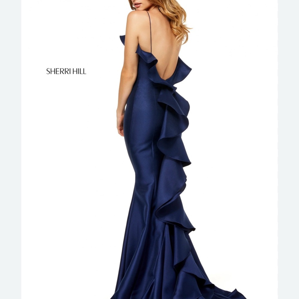 Sherri Hill Navy Blue Ruffle Gown